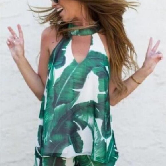 Anthropolgie Judith March Halter Tropical Palm Spring Summer Romper SZ Small - Picture 3 of 11